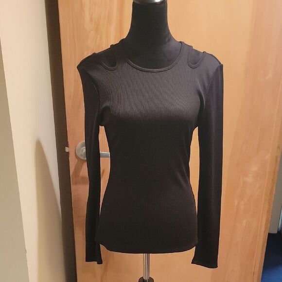 White House Black Market Black Cold Shoulder Ribbed Top Sz Med - Picture 1 of 8